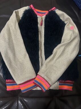 Girls Metallic Beige Bomber Jacket with Black Faux Fur Panels